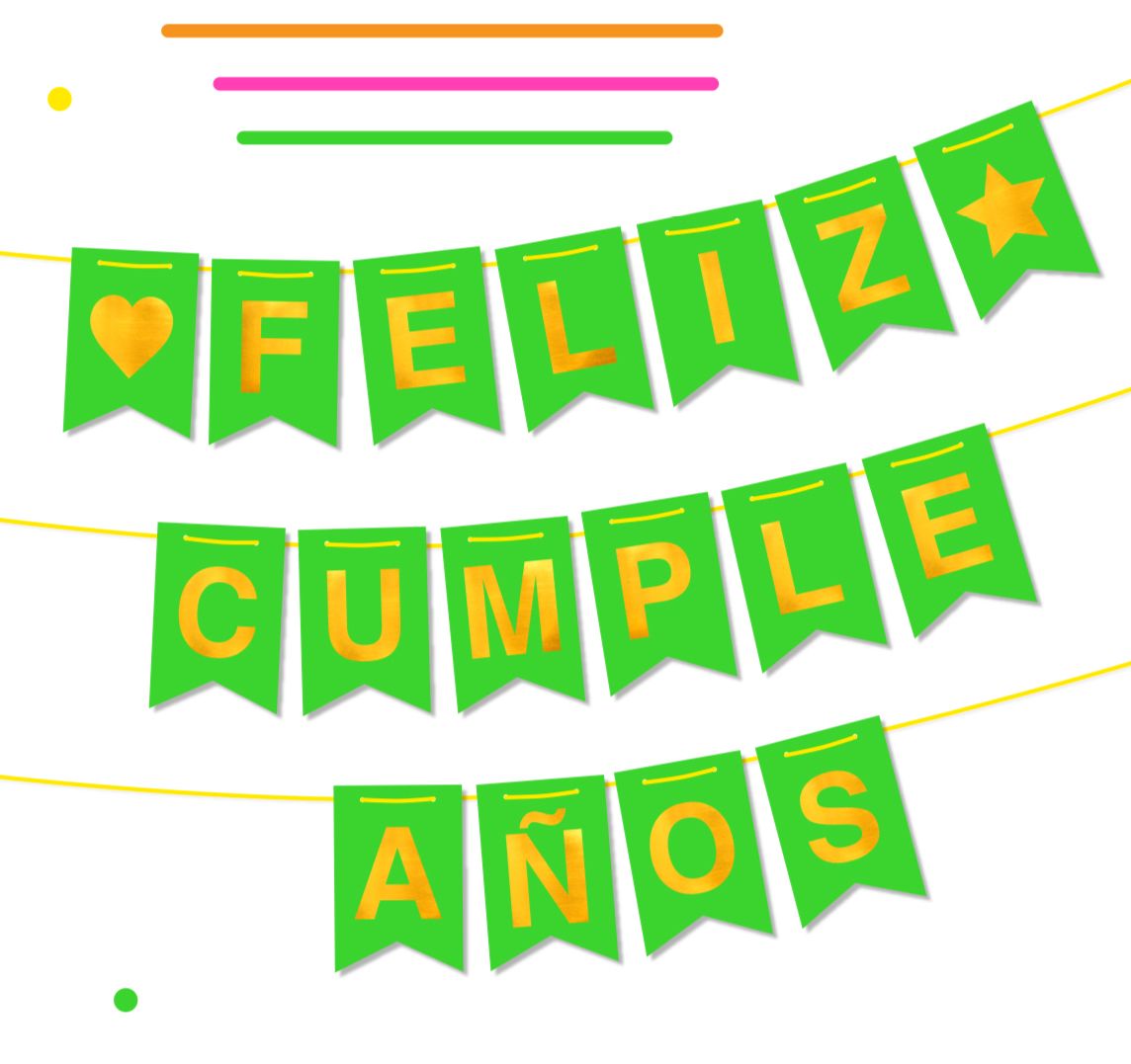 BANDERIN FELIZ CUMPLE FLUO NEON PLENO VERDE CON STAMPING ORO X 1